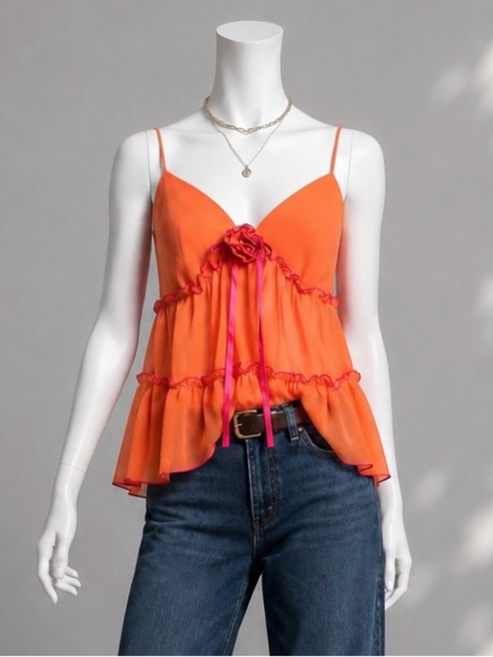 Vintage Y2K Je T'Adore Tiered Ruffle Cami Top L Orange Sheer Coquette Fairy
